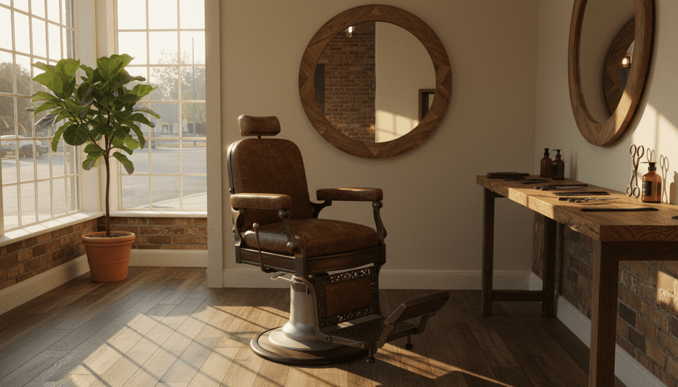 Interior of a small barbershop with a leather chair and wood accents, warm morning light