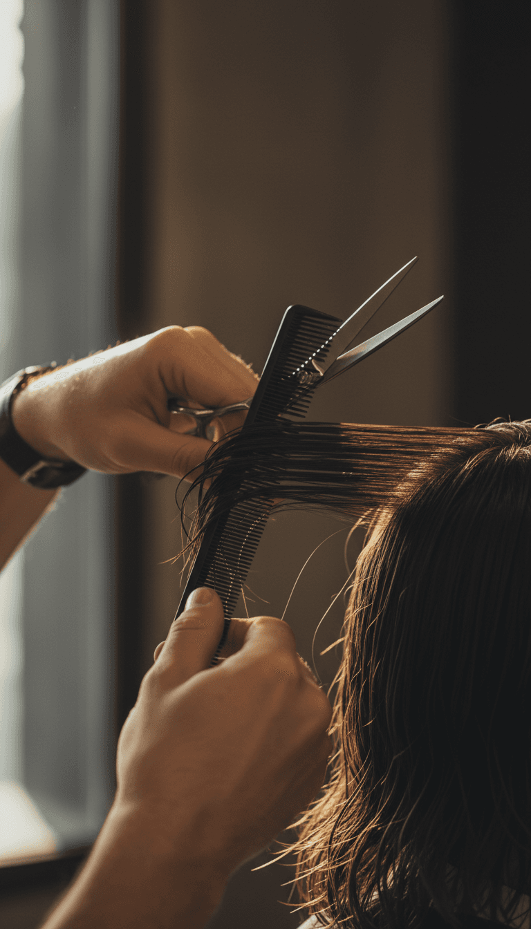 Barber's hands sectioning hair with comb and scissors