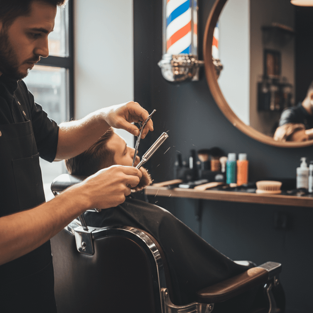 Barber's hands trimming a beard with precision scissors in an Arcadia barbershop