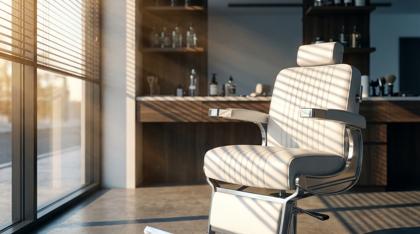 A leather barber chair with polished mirror and clippers in a small-town barbershop with warm sunlight