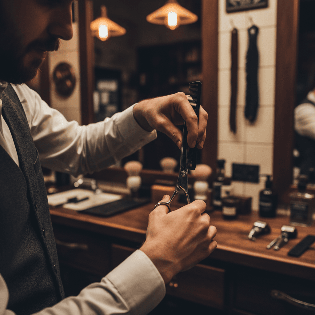 Barber trimming a beard with shears in a natural-lit shop