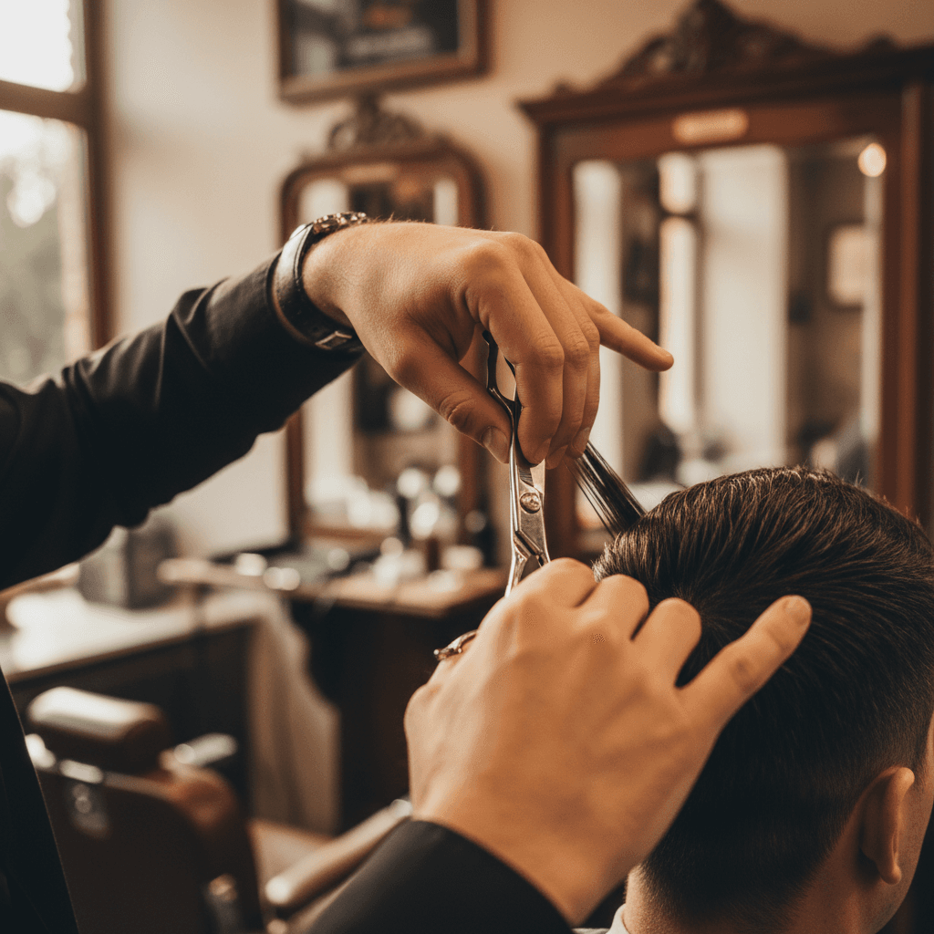 Barber cutting hair with precision scissors